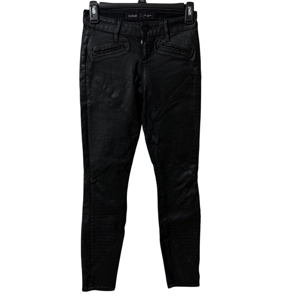Guess Coated Tapered Medium Rise Stretch Zip Fly Black 7 Pocket Denim Jeans 25